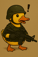 アヒル,ヘルメット,銃,ミリタリー,動物,びっくりマーク