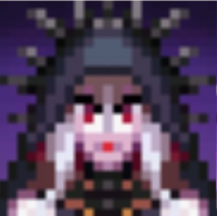 ドット絵,女性,赤い目,フード,紫背景,ファンタジー,ゲームキャラクター