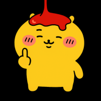 黄色いキャラクター,ほっぺた赤,指差し,赤い液体