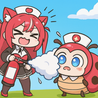 看護師,女の子,消火器,てんとう虫,擬人化,動物キャラクター,ギャグ,かわいい,アニメ風,空