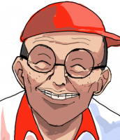 男性,眼鏡,赤い帽子,笑顔,指差し,イラスト