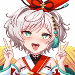 アニメ,女の子,白髪,緑目,ピースサイン,和風衣装,羽,かんざし,笑顔,キャラクターアイコン
