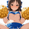 アニメ,イラスト,女の子,チアリーダー,ポンポン,青い衣装,リボン,ショートヘア,座りポーズ,赤面