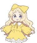 アニメキャラクター,金髪,リボン,黄色のドレス,青い目