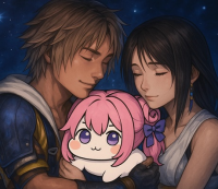 ファイナルファンタジーX,ティーダ,ユウナ,ぬいぐるみ,抱きしめる,カップル,夜空