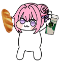 キャラクター,ピンクの髪,パン,コーヒー,薔薇の髪飾り,カフェ