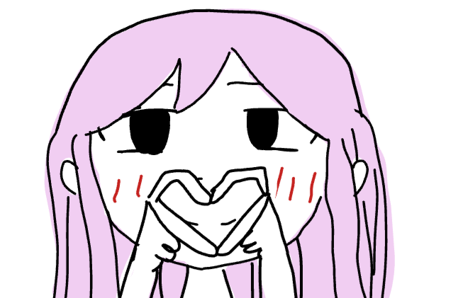 アニメ風,イラスト,紫髪,ハートポーズ,女の子,手ハート,照れ顔,シンプル