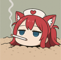 アニメ風,赤髪,ネコミミ,ナースキャップ,タバコ,キャラクター,デフォルメ
