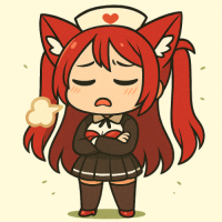 アニメ風,女の子,赤髪,ツインテール,動物耳,ナース帽,看護師,怒り,ちびキャラ