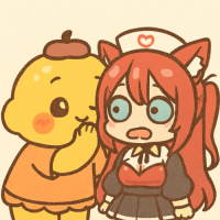 キャラクター,着ぐるみ,ナース,赤髪,ケモミミ,漫画風,二人,驚き,ウィスパー