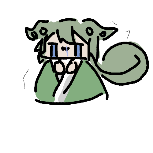 ゆるい,手書き,キャラクター,緑色の髪,きつね,着物